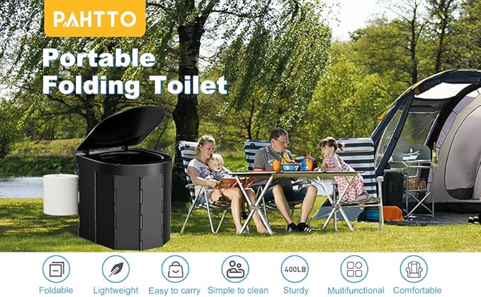 Portable Toilet for Camping, Porta Potty for Adults, Outdoor Folding Travel Toilet with Lid and Retractable Paper Holder, Includes Carry Bag, Female Urination Device and 4 Disposable Urine Bags