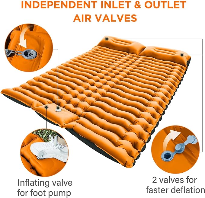Double Size Camping Sleeping Pad - 4 Inch Self Inflating Air Mattress for Couples, Built-in Foot Pump & Pillow, Extra Thick Waterproof Sleeping Mat for Tent, Outdoor Travel—Orange