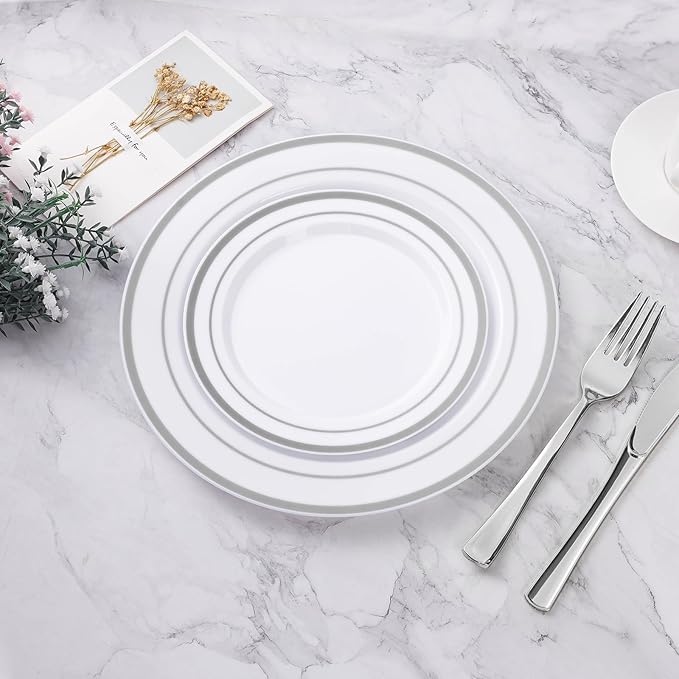200PCS Silver Plastic Plate, Disposable Party Plates with 100 Dinner Plates and 100 Dessert Plates, Plastic Plates for Party, Wedding and Birthday
