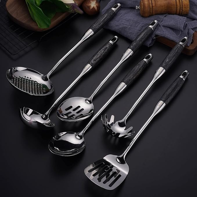18/10 Stainless Steel Kitchen Utensils Set with Wood Handle - 15” Long Cooking Tools, Metal Spatula Spoons - Serving Solid/Slotted Spoon, Tunner, Skimmer, Soup Ladle, Pasta, Large Spoons Set of 6