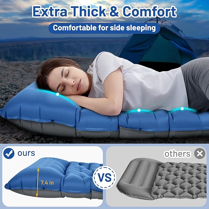 Camping Sleeping Pad, Extra Thick 6 Inch Camping Mat with Pillow Built-in Foot Pump Ultralight Inflatable Sleeping Pads Compact for Hiking Backpacking Camping Traveling Tent, Portable Sleeping Mat