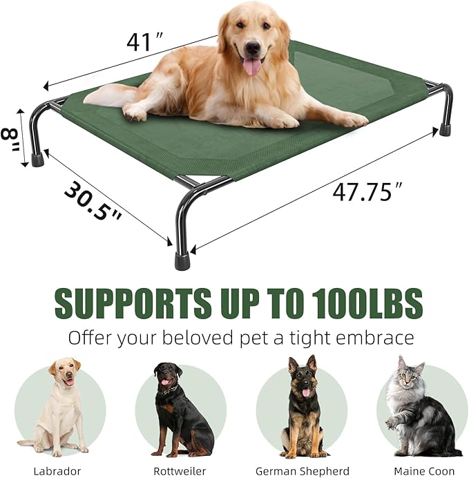 Simple Trending Raised Dog Bed for Large Dogs, Waterproof XL Dog Cot, Outdoor Cooling Elevated Pet Bed Load 100lb, 47.75" x 30.5", Green