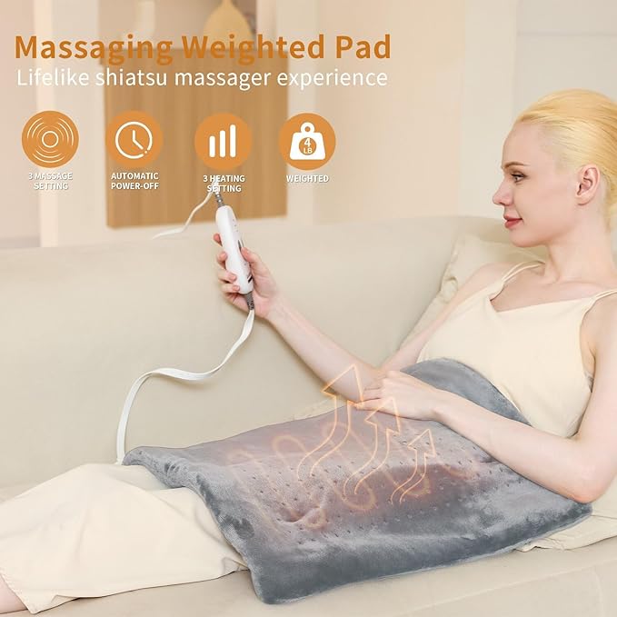 Massaging Weighted Heating Pad for Back Pain Relief,Heating Pads for Neck, Shoulder,Cramp,Portable Heated Pad with 3 Heat Settings & 6 Massage,18 Relaxing Combinations,Auto Off,20"*24",Light Grey
