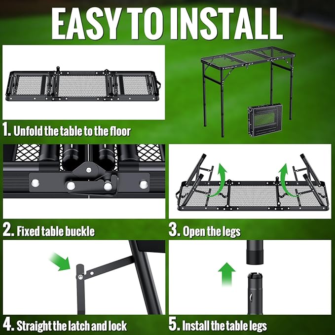 GARLLEN Folding Grill Table, 3 Adjustable Height Portable Picnic Table with Heat-Resistant Mesh Desktop, Lightweight Aluminum Camping Table for Outdoor, BBQ, Camping, 34.2" L x 15.7" W, Black