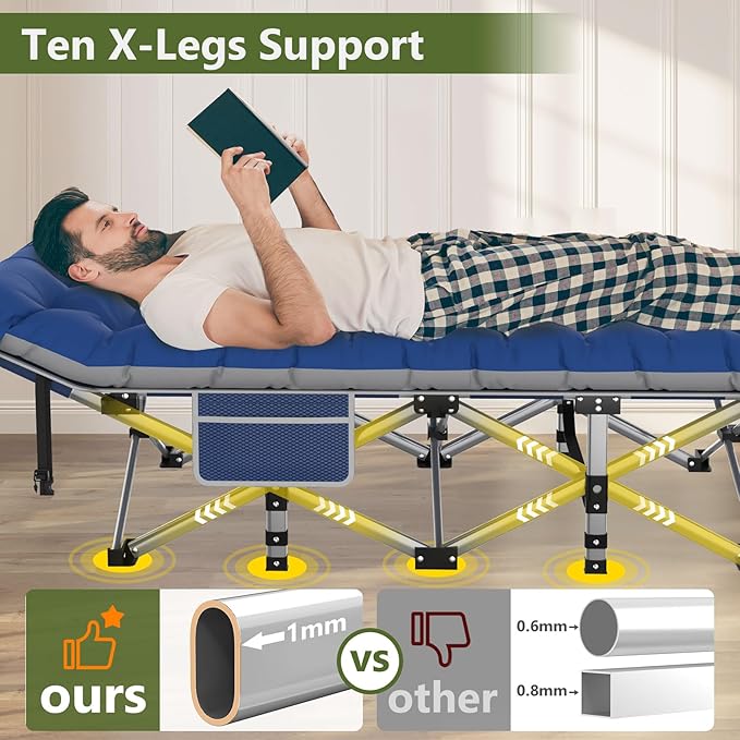 Slendor Folding Camping Cot, Sleeping Cot for Adults with Carry Bag, Mattress, 1200D Layer Oxford Portable Camp Cot Bed for Guest Travel Office Beach