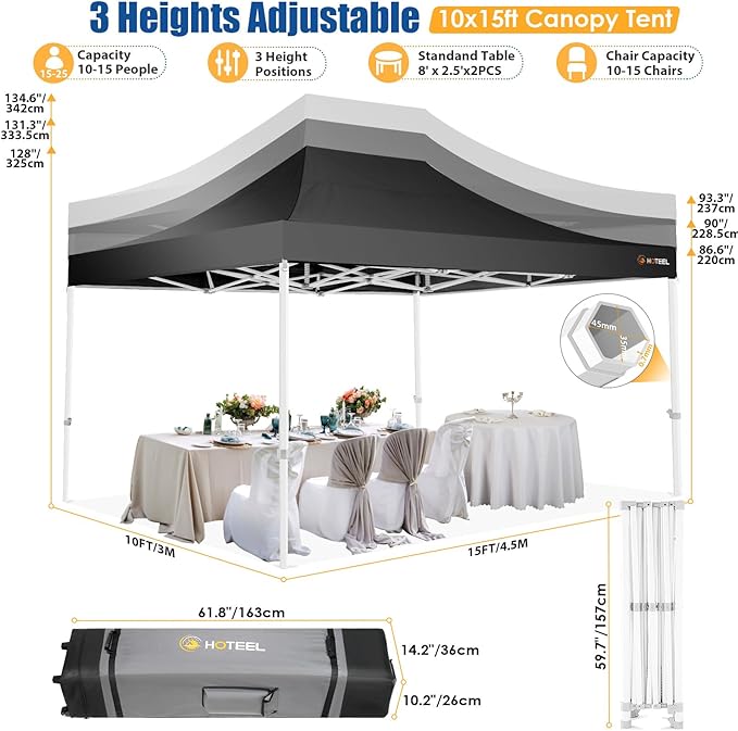 HOTEEL 10x15 Pop up Canopy Tent for Parties, Heavy Duty Easy Setup Tent with 4 Sidewalls, Outdoor Commercial Instant Gazebo for Wedding Event, with Roller Bag & Sand Bags, Black(Hexagonal Frame)