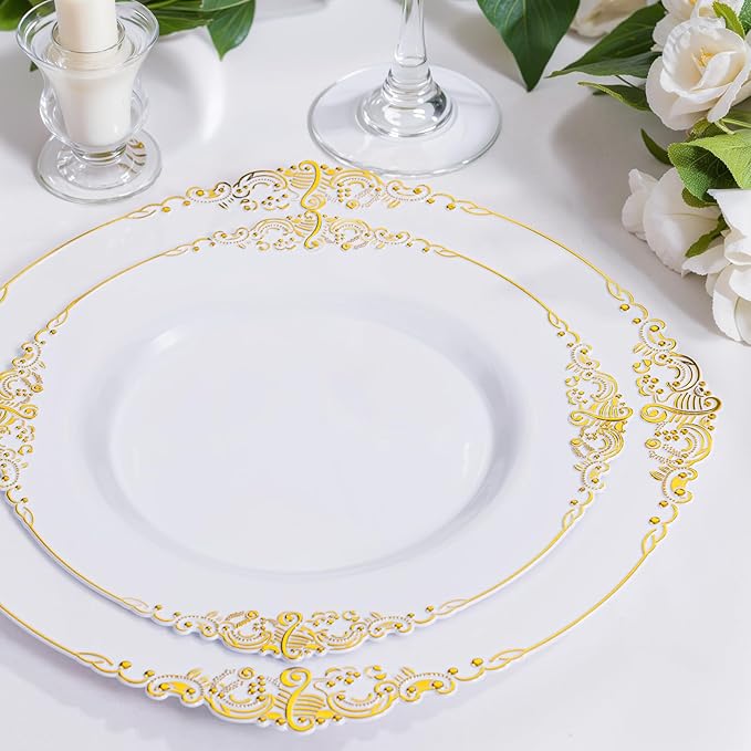 Nervure 100Pcs White and Gold Plastic Plates - 10.25Inch Gold Disposable Plates - Heavyweight Dinner Plate for Wedding & Party & Thanksgiving