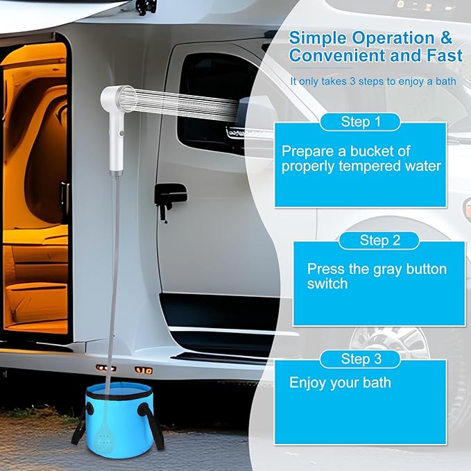 Portable Shower for Camping, Rechargeable Outdoor Shower Pump with Steady Stream, Battery Powered Handheld Shower, Pumps Water from Bucket with 1~2 hours runtime, Travel & Backpacking Essentials