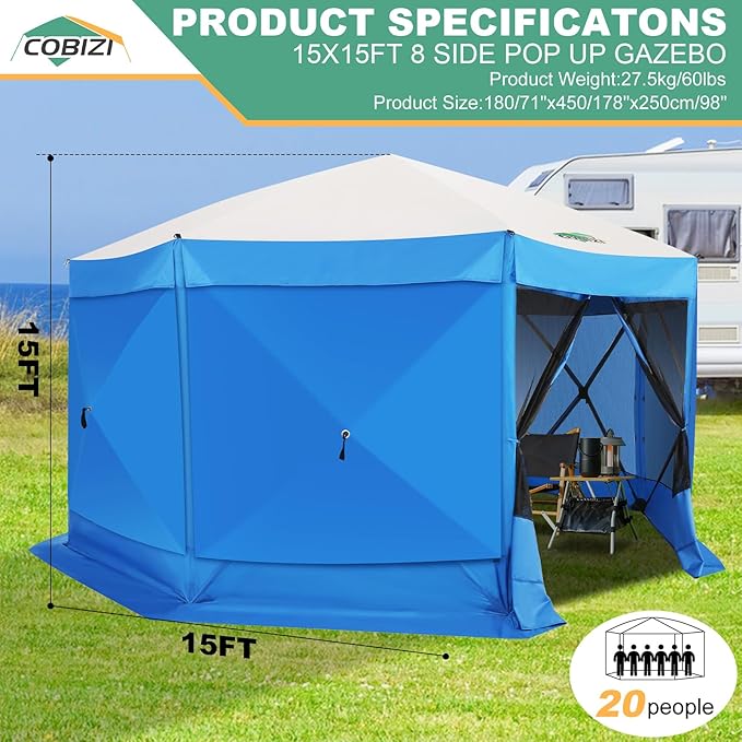 COBIZI 15x15ft Extra Large Pop Up Gazebo Canopy Tent with Mosquito Netting, Spacious Easy Set-Up Screened Shelter, Durable Outdoor Pavilion with Ground Stakes, Perfect for Patio, Backyard, Blue
