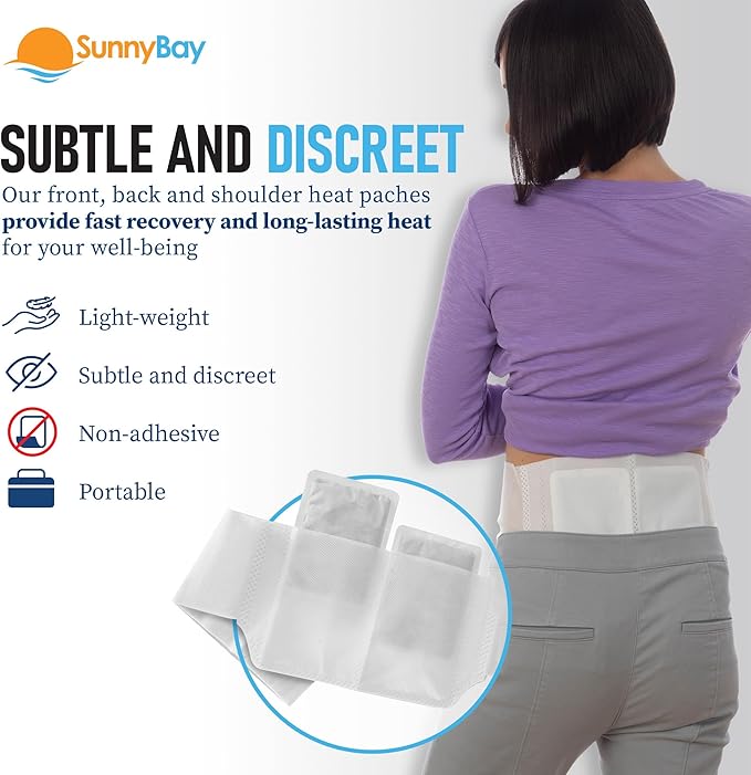 SunnyBay 24-Pack Air-Activated Wearable Heat Patches for Back Pain – Self-Supporting with 4 Belts (No Sticky Back) – Heating Pads for Cramps, Neck, Shoulder – Up to 113°F Warmth