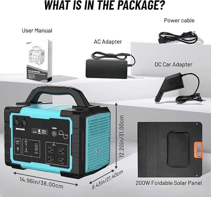 1000W Portable Power Station Generator with Solar Panel Included, 1024Wh LiFePO4 (LFP) Battery Powered Generator with 120V AC Outlet for RV Camping Outdoor Hiking Emergency Backup Power Outages