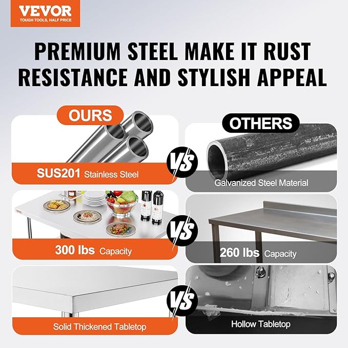 VEVOR 48 x 30 Inch Folding Commercial Prep Table Commercial Worktable Workstation, Heavy-Duty Stainless Steel Folding Table with 220 lbs Load, Silver Stainless Steel Kitchen Island,Kitchen Work Table