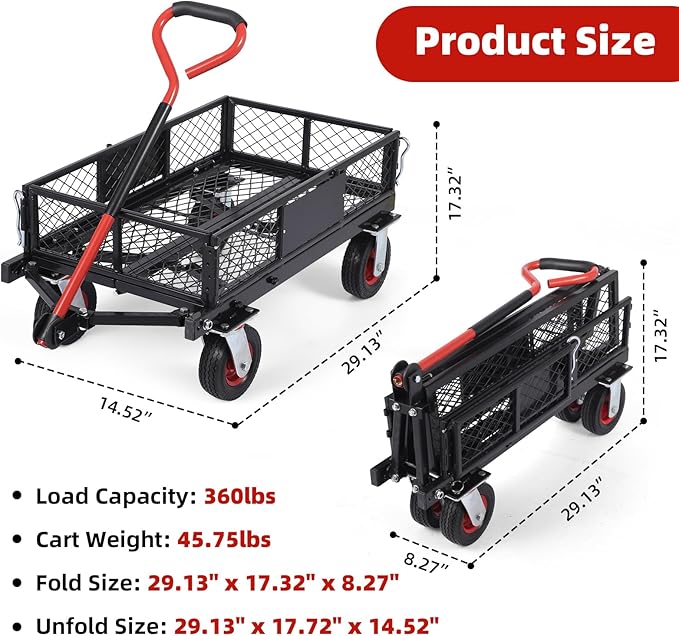 Collapsible Foldable Steel Garden Cart 360lbs, Heavy Duty Folding Utility Wagon Cart w Removable Mesh Sides, All-Terrain Wheels & 180° Rotating Handle for Camping Shopping