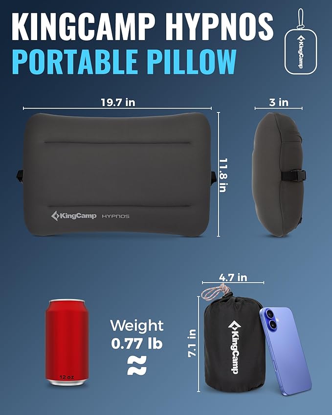 KingCamp Memory Foam Camping Pillow, Extra Large Inflatable Camp Pillow, Portable Ergonomic Air Pillow with Removable Washable Cover for Camping, Hiking, Car, Beach, Travel