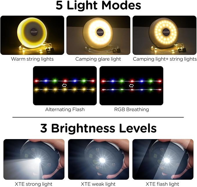OGERY 3-Pack Camping String Lights, 2 in 1 Quick Storage 32.8FT Rechargeable Tent Lights String with 8 Lighting Modes, Hanging Waterproof Portable LED Lamp for Christmas Decor Party Bedroom Yard