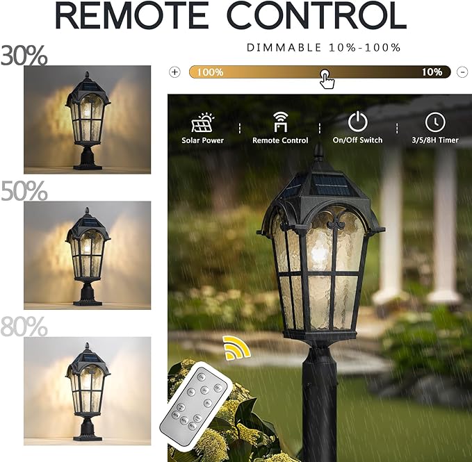 Emliviar Outdoor Solar Lamp Post Light in Black Finish, 22.1" Large Outdoor Lighting with Water Grain Glass Shade for Patio, Vintage Post Lantern LED Bulb Included with Remote Control, YXE302MP-SL BK