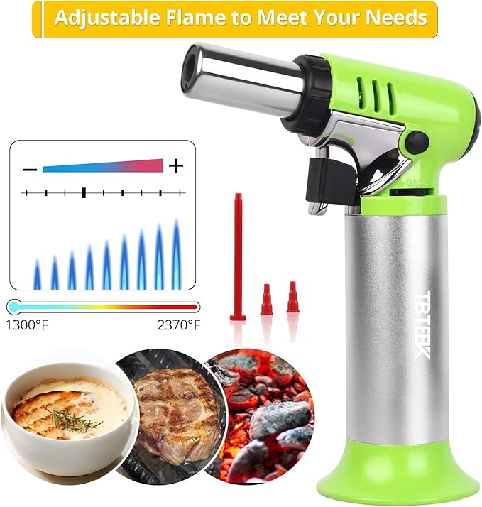 TBTeek Butane Torch, One-hand Operation Kitchen Torch with Adjustable Flame for Grilling, Baking and Soldering (Excluding Butane Gas), Green