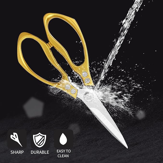 Heavy Duty Sharp Kitchen Scissors, Multipurpose Cutting Scissors for Meat, Chicken, Fish, Poultry, Herbs, Bread - Dishwasher Safe - Gift (Gold)