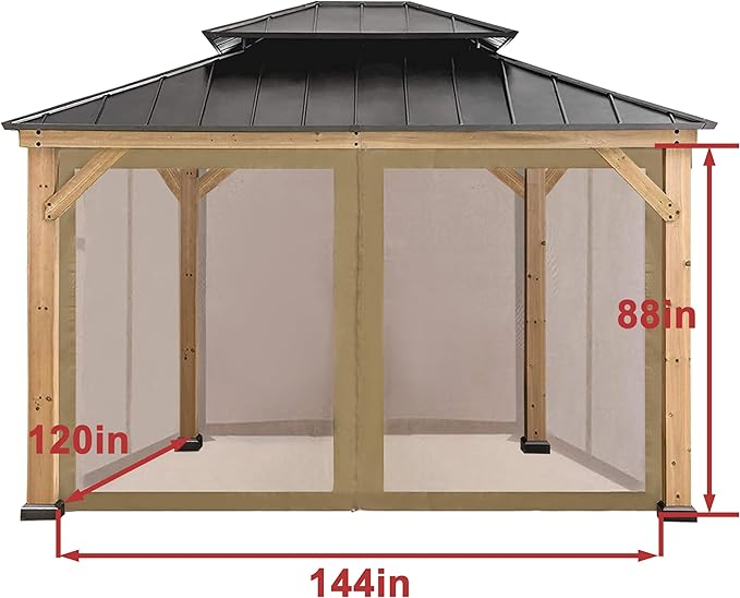 Coastshade Gazebo Canopy Mesh Walls Replacement 10x12 Gazebo Pergola Mosquito Screen Netting for Gazebos with 52Curtain Rings & 52Rail Hooks,Khaki