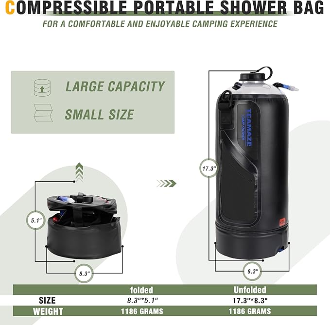 Teamaze Portable Shower,12L/3.2 Gal Solar Camping Shower Bag with Auto Pressure Pump,Portable Outdoor Shower for Camping,Beach,Hiking,RV,Pet Bath