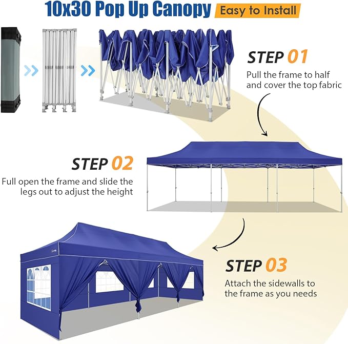 HOTEEL 10x30 Pop up Canopy Tent for Parties, Heavy Duty Easy Setup Tent with 8 Sidewalls, Outdoor Commercial Instant Gazebo for Wedding Event, with Portable Bag & Sand Bags, Dark Blue(Hexagonal Frame)