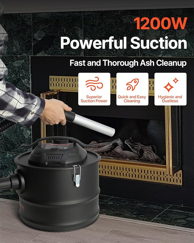 VEVOR Ash Vacuum Cleaner 4 Gallon with 1200W Strong Suction Ash Vac Collector with Wheels and 47.2-in Flexible Hose for Grills Fireplaces Pizza Ovens Log Burner Pellet Stoves Wood Stove