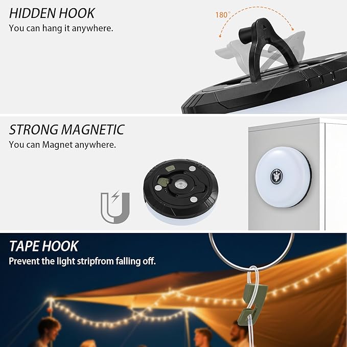 2-Pack Camping String Lights, 4 in 1 Portable Camping Light Rechargeable, 8 Lighting Modes, USB Charging, Quick Storage, 32.8FT Waterproof Tent Lights String for Camping, Hiking, Yard, Christmas,Black
