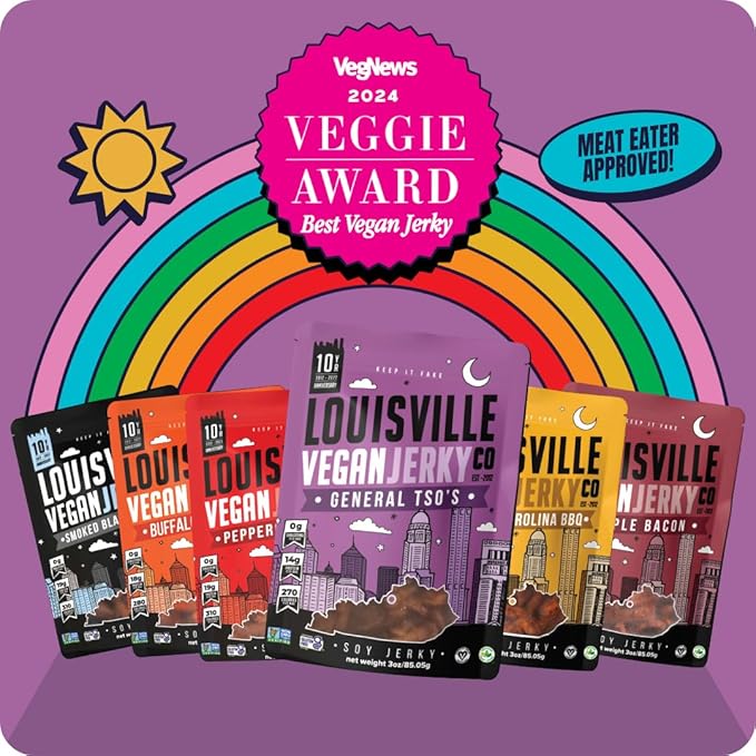Louisville Vegan Jerky Co. Variety Bundle Vegan Jerky 3 oz. 6 pack (Smoky Carolina BBQ, Buffalo Hot Wing, General Tso, Maple Bacon, Pepperoni Pizza, Smoked Black Pepper)
