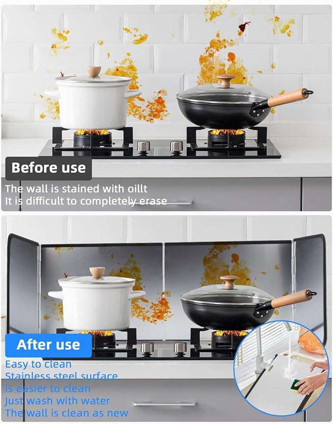 30cm 4 Sided Splatter Guard Foldable Stainless Steel Stove Splash Guard Oil Splatter Screens for Frying Kitchen Backsplash Protector Nonstick Oil Splatter Guard for Cooking