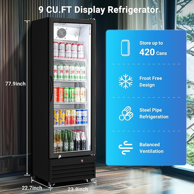 BODEGACOOLER Commercial Beverage Refrigerator with Glass Door,12.5 Cu.Ft Display Merchandiser Drink Refrigerator,Upright Commercial Bar Fridge,Display Drink Cooler with Soft LED Light