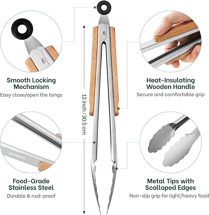 Beneno Tongs for Cooking, Food-Grade Stainless Steel Kitchen Tongs 12-Inch with Ergonomic Heat-Insulating Wooden Grip & Non-Slip Scalloped Tips, Sturdy Locking Metal Tong for Cooking, Grill