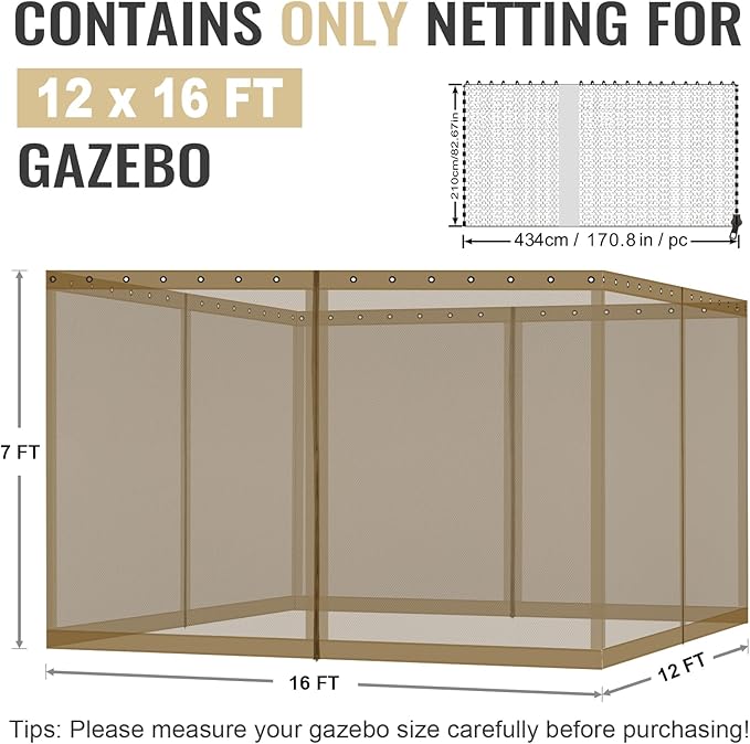 COWVIE Gazebo Replacement Netting Screen, 12' x 16' Universal Gazebo 4-Panel Mosquito Sidewalls with Double Zippers for Outdoor Patio (Only Netting)