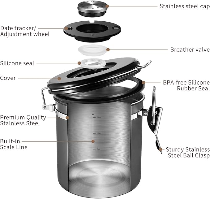 Veken Coffee Canister, Airtight Stainless Steel Kitchen Food Storage Container with Date Tracker and Scoop for Beans, Grounds, Tea, Flour, Cereal, Sugar, 16OZ, Gray