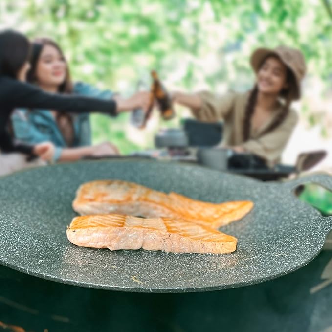Korean Style BBQ Grill Pan for Stove Top, Camping and IH, 13" Round Griddle With Double Bottom, Non-stick Coating Frying Pan