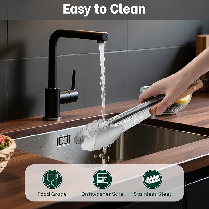 Beneno Tongs for Cooking, Food-Grade Stainless Steel Kitchen Tongs 12-Inch with Ergonomic Heat-Insulating Wooden Grip & Non-Slip Scalloped Tips, Sturdy Locking Metal Tong for Cooking, Grill