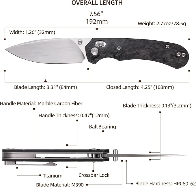 Folding Pocket Knife,3.31” M390 Blade,Erogonomic Titanium Handle,Hunting Survival Knife,EDC Knife for Hunting Camping Survival Outdoor Fishing Hiking(Black&Grey)