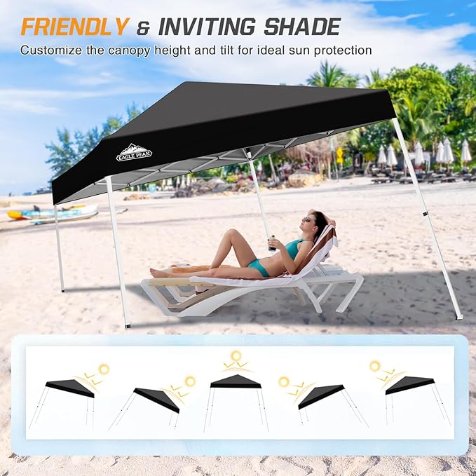 EAGLE PEAK 10x10 Slant Leg Pop-up Canopy Tent Easy One Person Setup Instant Outdoor Beach Canopy Folding Portable Sports Shelter 10x10 Base 8x8 Top (Black)
