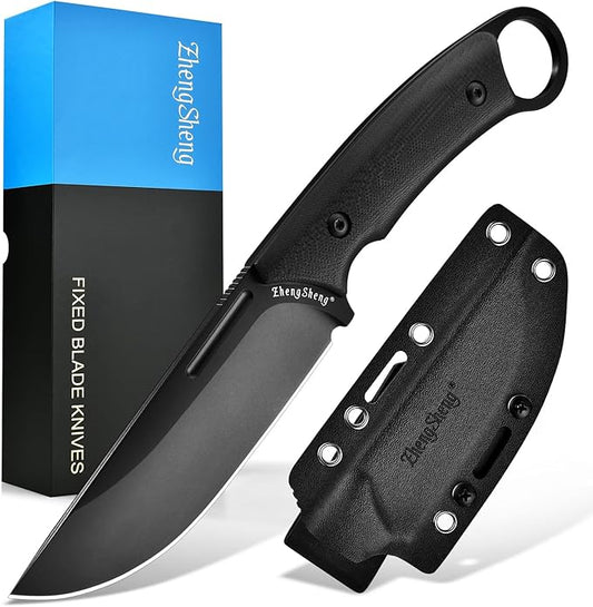 Fixed Blade Knife with Sheath, 4.0” DC53 Steel blade with Black Titanium Coating and G10 Handle Full Tang Outdoor Camping Hiking Survival Knives for Men Women