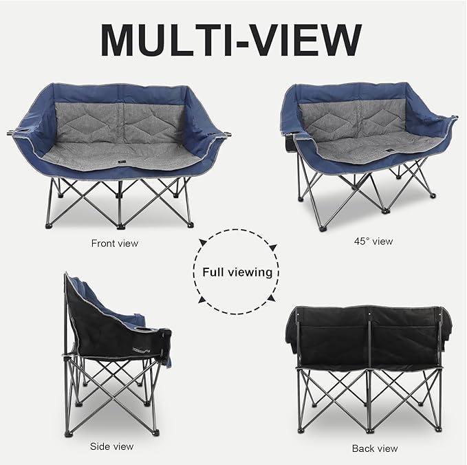 Folding Loveseat Camping Chair,Portable Double Chair w/Cup Holder,Wine Glass Holder,Carry Bag Heavy Duty Lawn Chair for 2 Adults,Perfect for Camp,Hiking,Picnics and Beach Trips,Blue