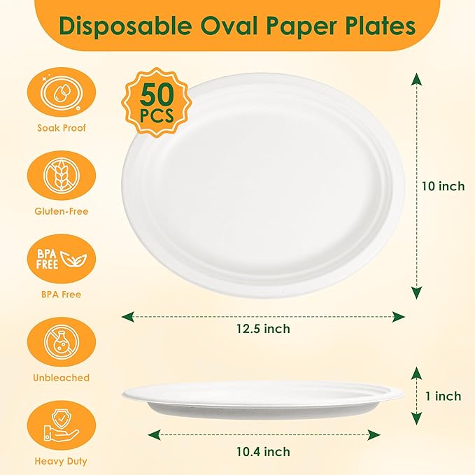 100% Compostable Oval Paper Plates, 12.5Inch 50Pack Disposable Heavy Duty Bagasse Platters Eco-Friendly Biodegradable Sugarcane Plates for BBQ, Party, Picnic - Off White