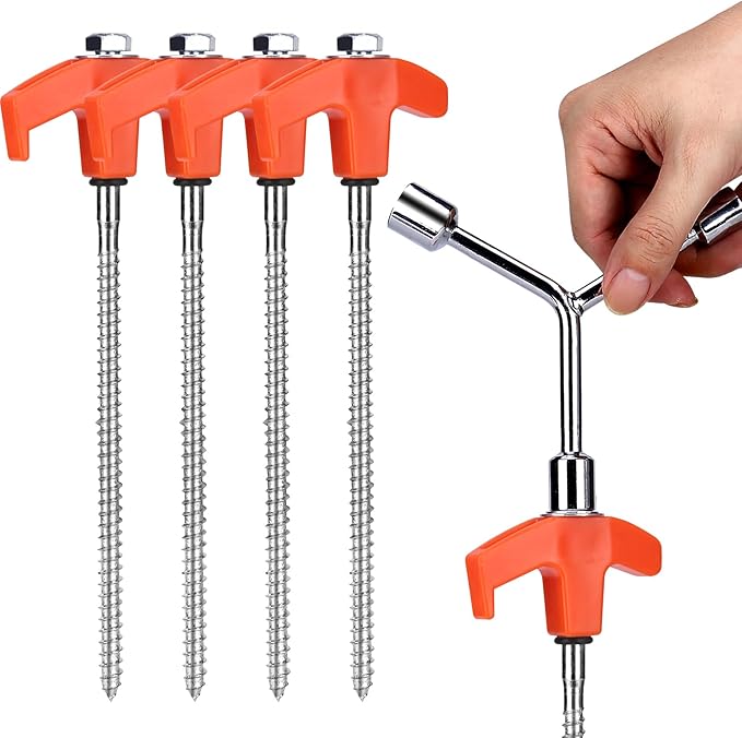 8" Screw in Tent Stakes - Ground Anchors Screw in, Camping Tent Accessories, Metal Threaded Tent Spikes, Tent Stakes for Outdoor Camping,Y-Shaped 3 Way Wrench (4)