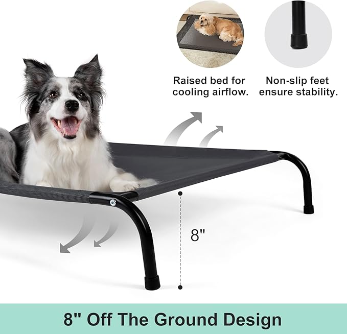 Cooling Elevated Dog Bed with Non-Slip Floor Protectors & Breathable Mesh, Raised Indoor & Outdoor Dog Cot Hammock, 34" L x 22" W x 8" Th, Small, Grey