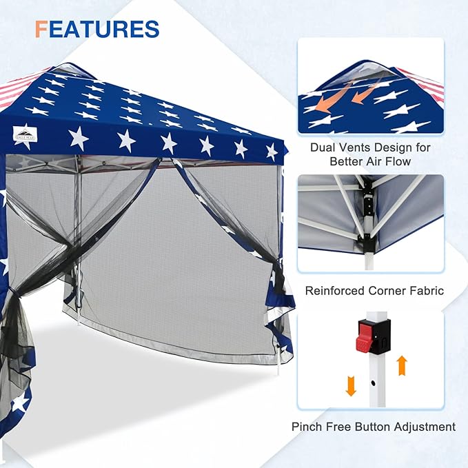 EAGLE PEAK 10x10 Outdoor Easy Pop up Canopy with Netting, Instant Screen Party Tent with Mesh Side Walls, American Flag