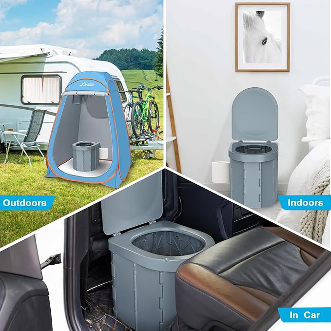 Portable Camping Toilet, Folding Toilet for Adults with Lid and Retractable Toilet Paper Holder, Waterproof Porta Potty with Carry Bag and Disposible Liners for Hiking, RV Travel, Road Trips,Dark Gray