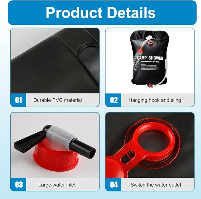 5 GallonsSolar Shower Bag with a Cotton Towel, 20L Portable Solar Heating Camping Shower Bag for Outdoor Traveling Hiking Summer Shower, Cold & Hot Water Hiking Climbing (Black)