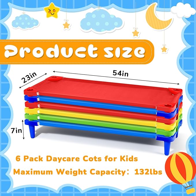 6 Pcs Stackable Daycare Cots for Toddler 54" l x 23" W Kids Cots for Sleeping Portable Kids Bed Furniture Bed Frames Headboards Footboards for Classroom Preschool (Multicolor)