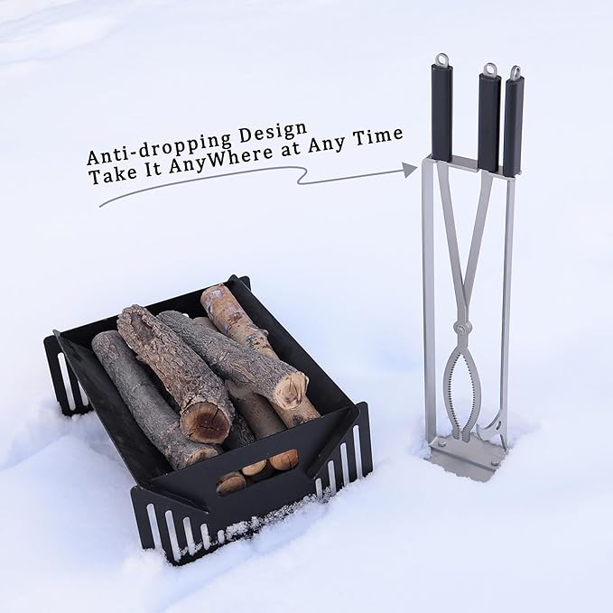 Fireplace Tools Set with 28" Fire Poker and Fire Tongs, Stainless Steel Firewood Tongs with Sturdy Stand, Rubber Handle Log Grabber for Fire Pit Campfire Backyard Bonfire Wood Stove Indoor&Outdoor