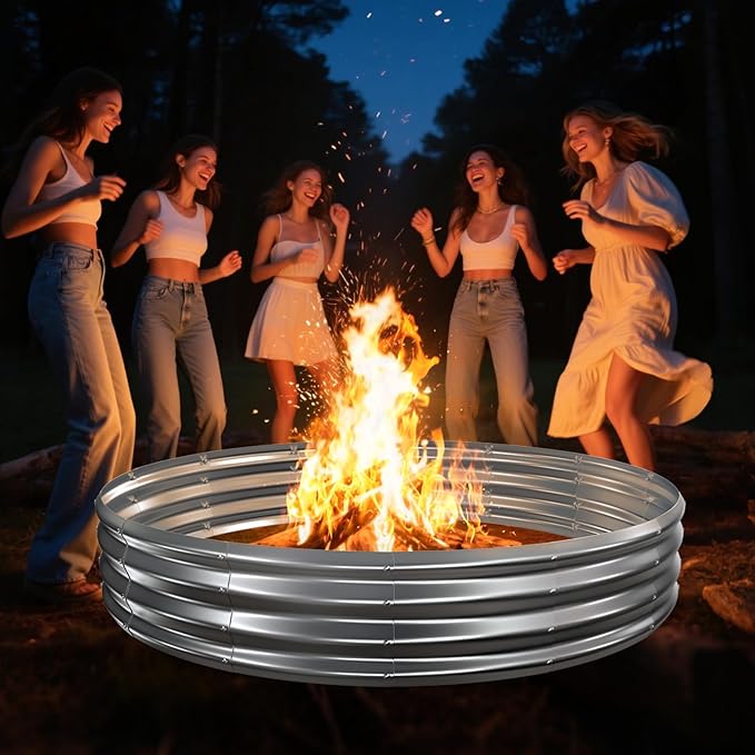6FT Diameter Camp Fire Ring Pit, Large Round Galvanized Steel Fire Pit, Heavy Duty Steel Fire Pit Silver for Backyard, Camping, Bonfire (6x6x1FT)