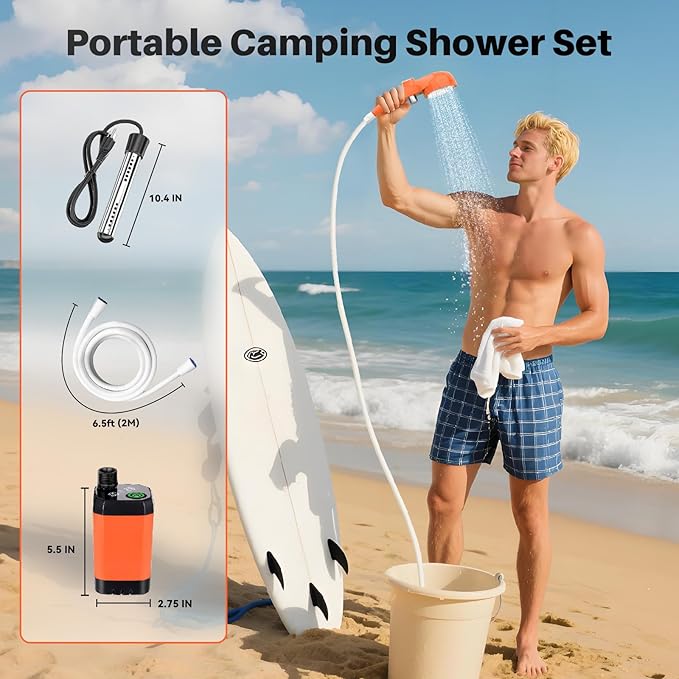 Portable Camping Shower with Heater, 6000mAh Rechargeable Camping Shower with 2000W Auto-Off Immersion Heater, LED Display, Heated Outdoor Shower for Travel, Hiking, Car