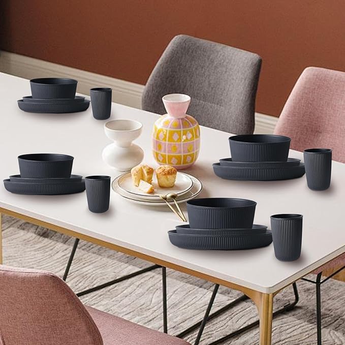 Reusable 16 Pcs Wheat Straw Dinnerware Sets Plastic Plates And Bowls Sets Unbreakable Dinnerware Set Dishes for 4 Microwave Safe Plates Cereal Bowls Tableware For Camping Party